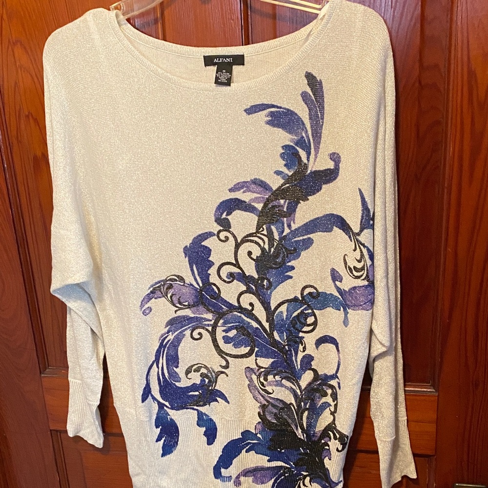 Alfani Women's Elegant Cream and Blue Sweater with glistening threads throughout